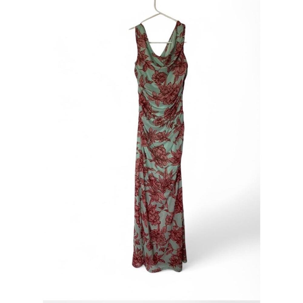 Mint Green and Pink Form-fitting Floral Maxi Dress with Leg Slit size M - Picture 6 of 6